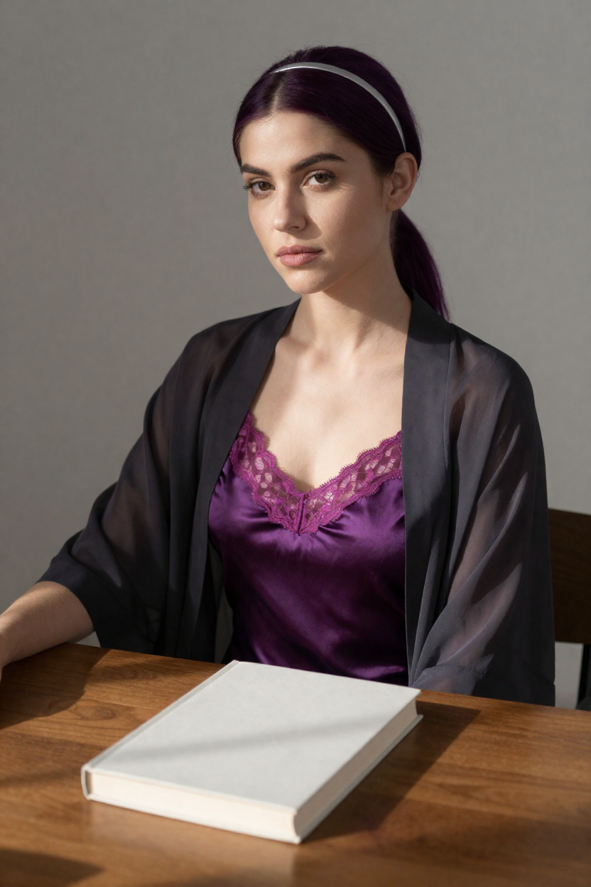 Fictional 28-year-old woman, dark violet hair in a smooth low ponytail tied with a plain silver