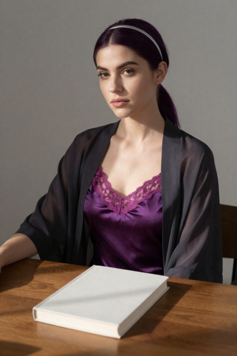 Violet slip dress muse at the window-lit desk with a closed blank-covered biography